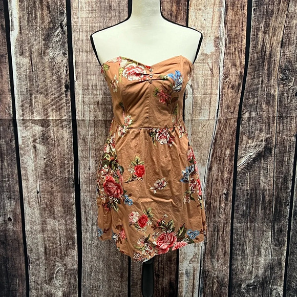 Xhilaration Tan Floral Corset Top Strapless Summer Dress with Pockets - sz MED - Picture 6 of 14